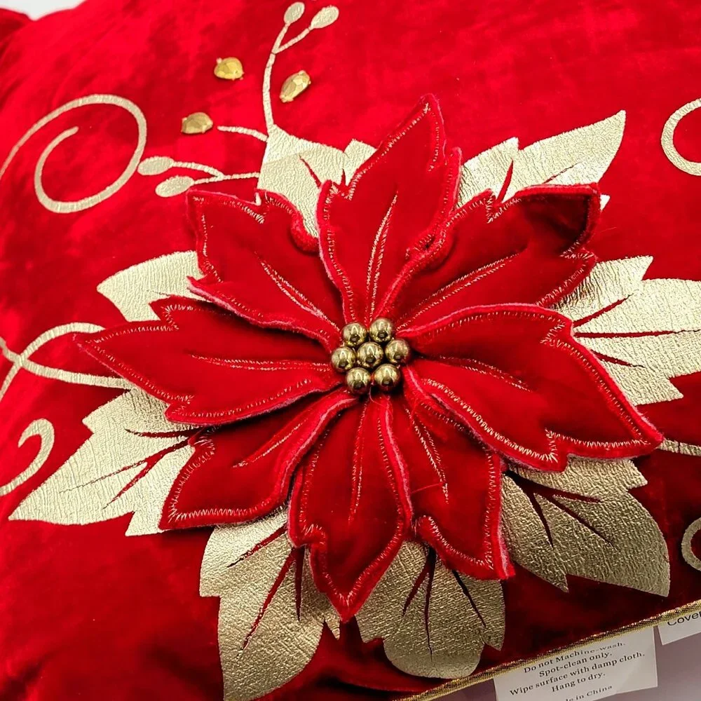 VTG Red & Gold Velvet Christmas Throw Pillow With Poinsettia Design Embroidery